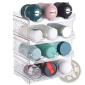 Clear acrylic stackable 12 bottle storage rack with four tiers holding assorted colored water bottles