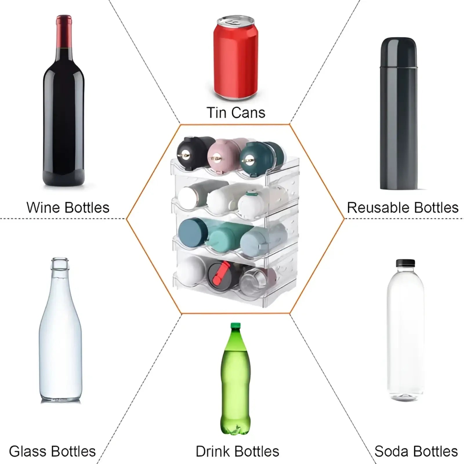 Clear acrylic stackable 12 bottle storage rack with 4 transparent drawers for organizing various bottles