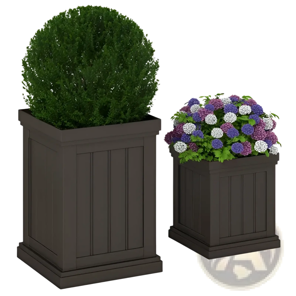 Dark brown stackable pp planter with vertical paneling rounded base and efficient drainage holding green shrubbery