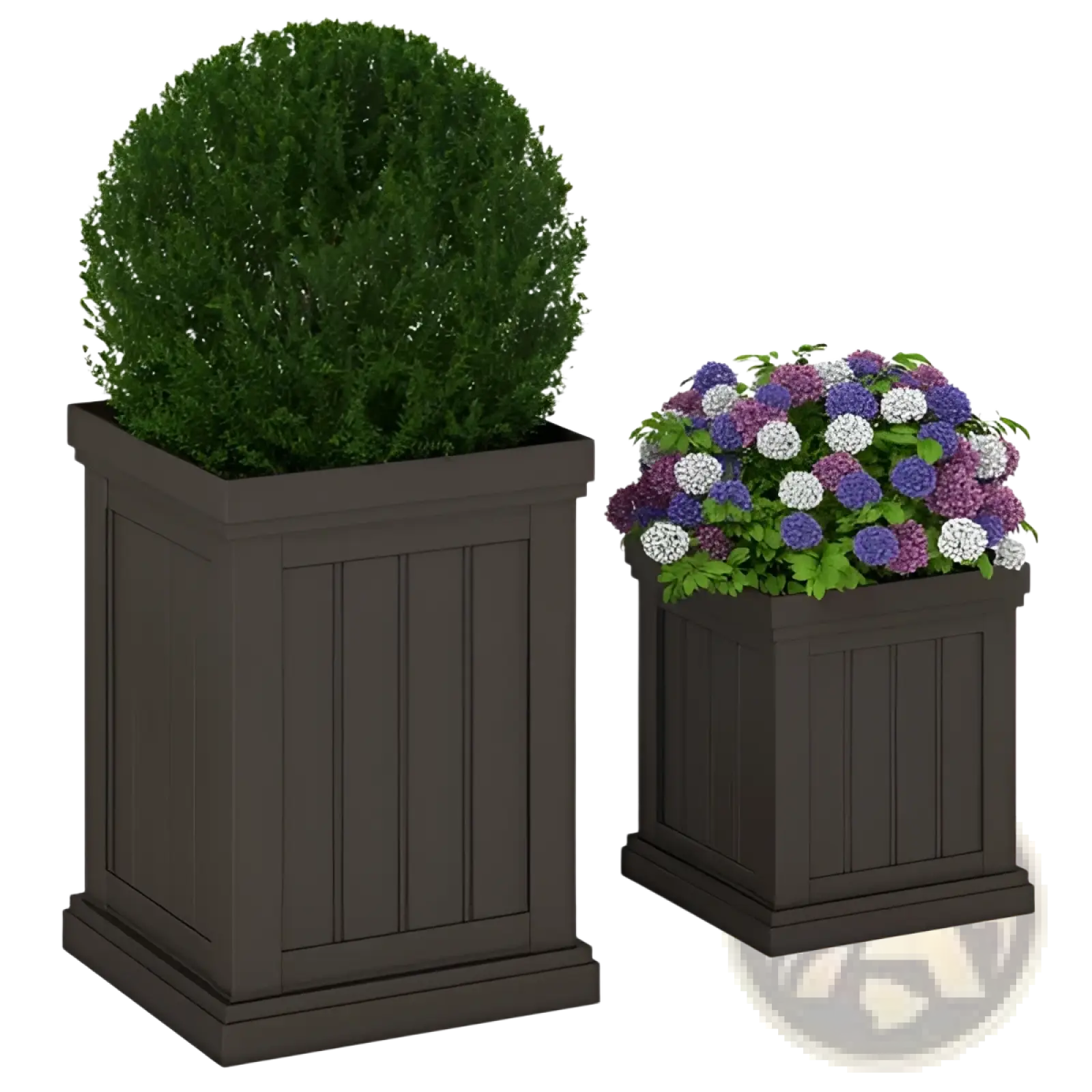 Dark brown stackable pp planter with vertical paneling rounded base and efficient drainage holding green shrubbery