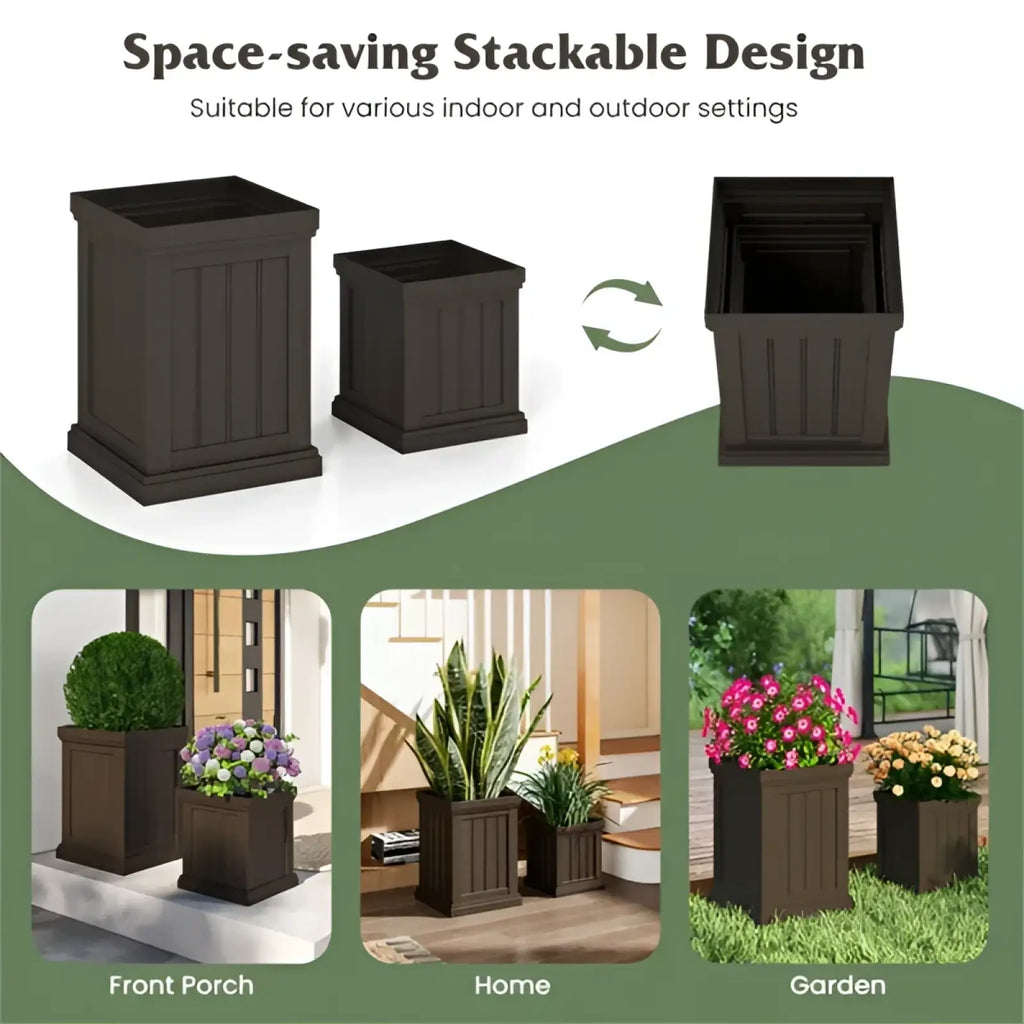 Brown rectangular stackable pp planter with vertical paneling and efficient drainage holes for healthy plants