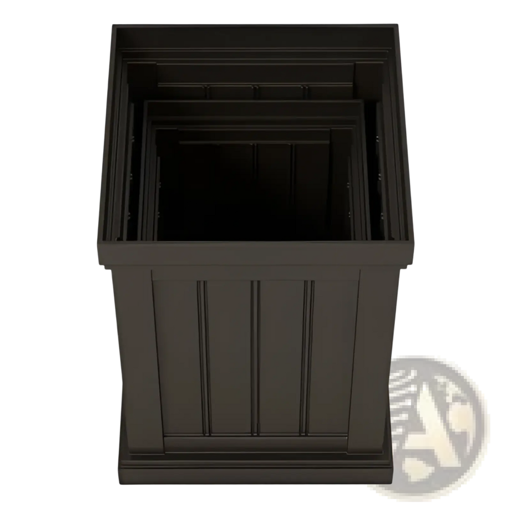 Set of four nested dark brown plastic stackable PP planters with vertical paneling and efficient drainage holes