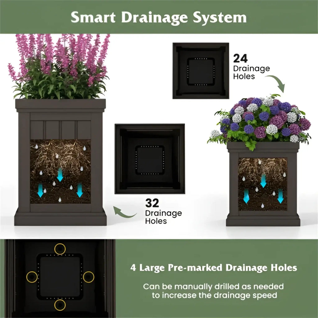 Dark brown stackable pp planter with 24 or 32 integrated drainage holes for optimal water flow