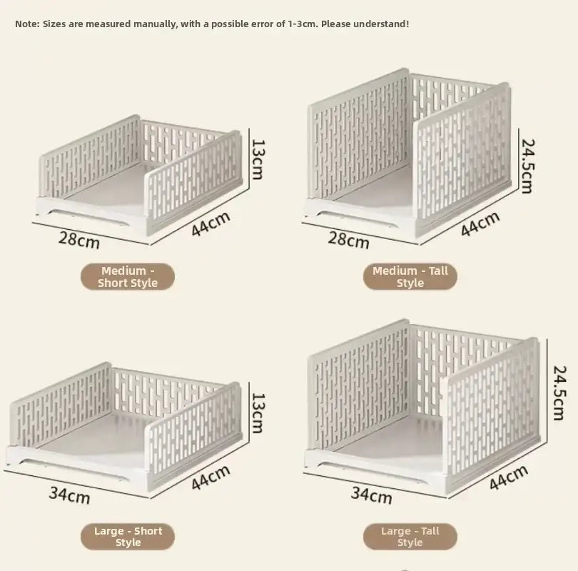 White plastic folding storage bins with woven lattice design and foldable sides for stackable wardrobe drawer units