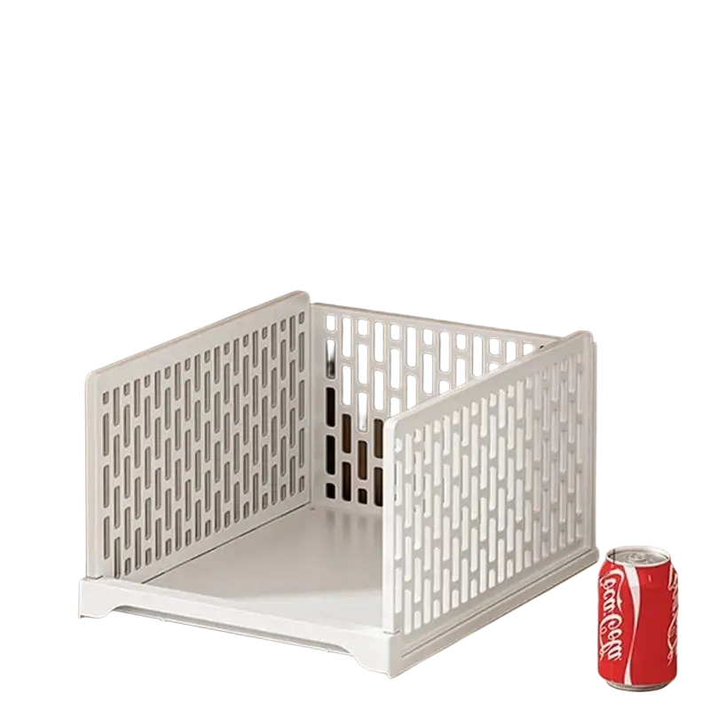 White plastic stackable wardrobe drawer with geometric lattice pattern and flat base for folding storage use
