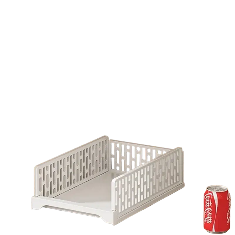 White plastic stackable wardrobe drawer with lattice pattern sides and flat base for folding storage and wardrobe drawer units