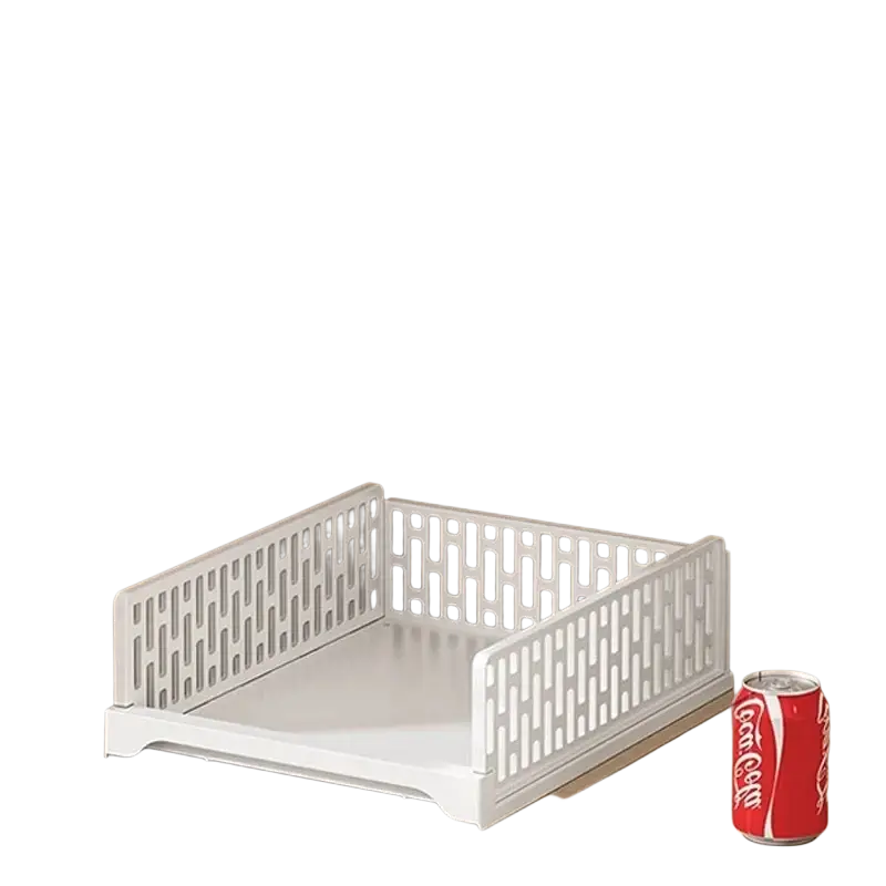 White plastic stackable wardrobe drawer storage bin with slatted sides and flat base for folding storage organization