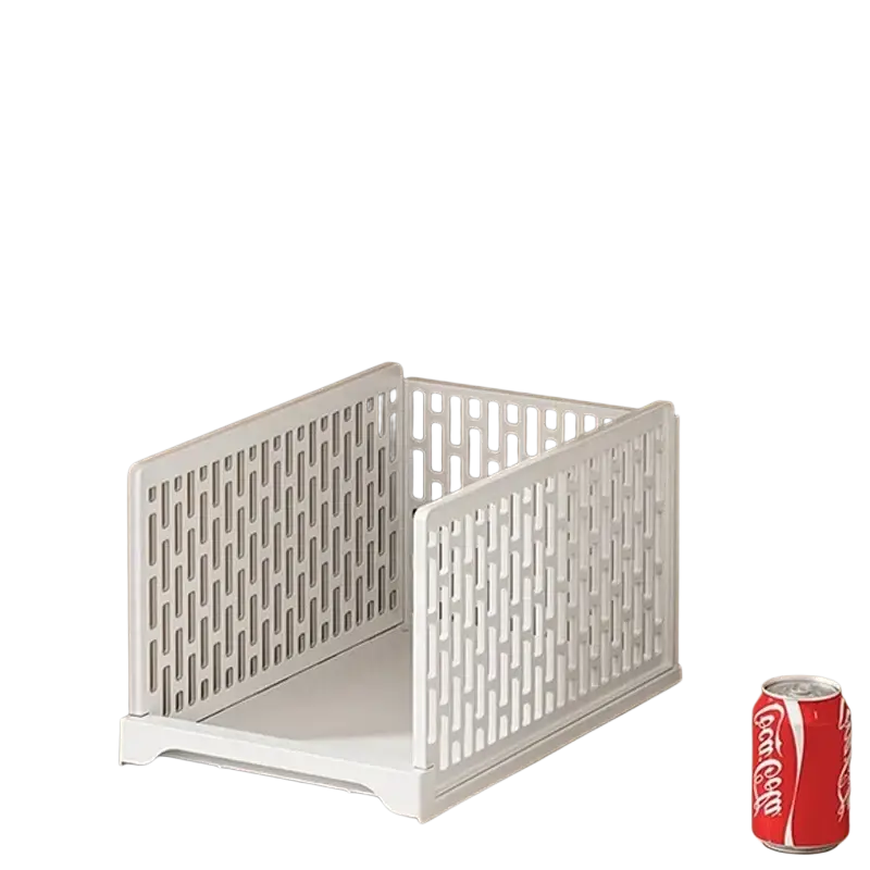 White plastic folding storage bin with geometric lattice pattern for stackable wardrobe drawer units organization