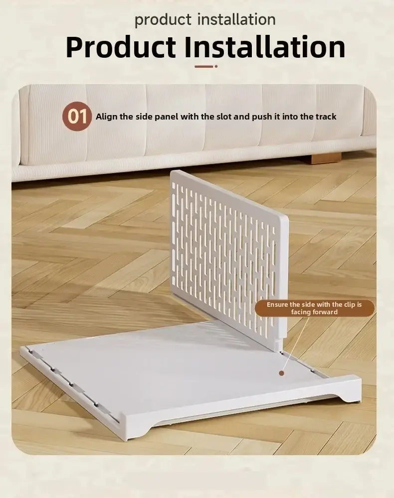 White plastic side panel with vertical slits and clip for stackable wardrobe drawer folding storage units assembly