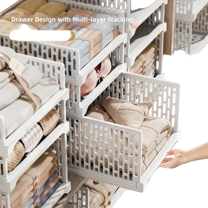 White plastic stackable wardrobe drawer units with multi-layer folding storage design for organized storage solutions