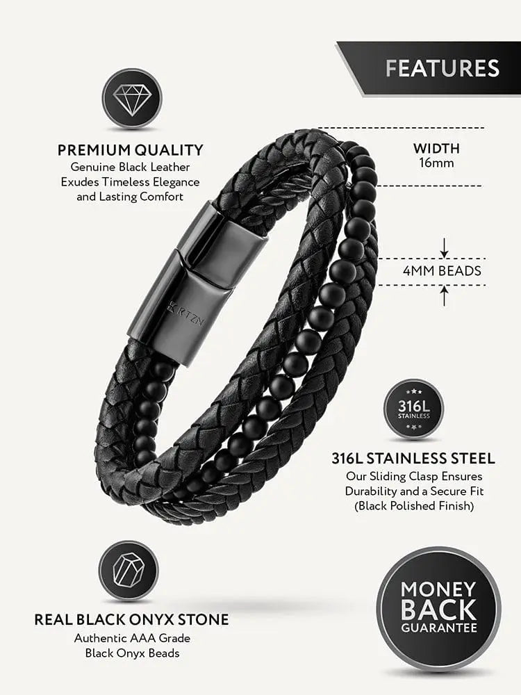 Black braided leather bracelet with 4mm black onyx beads and a 316l stainless steel sliding clasp