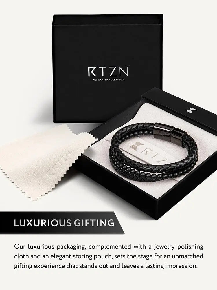 Stacked black onyx and braided leather stainless steel bracelet with sleek metallic clasp in a rtzn gift box