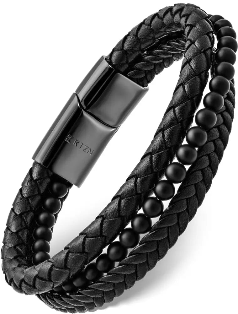 Stacked black onyx and braided leather stainless steel bracelet with black spherical beads and sleek magnetic clasp
