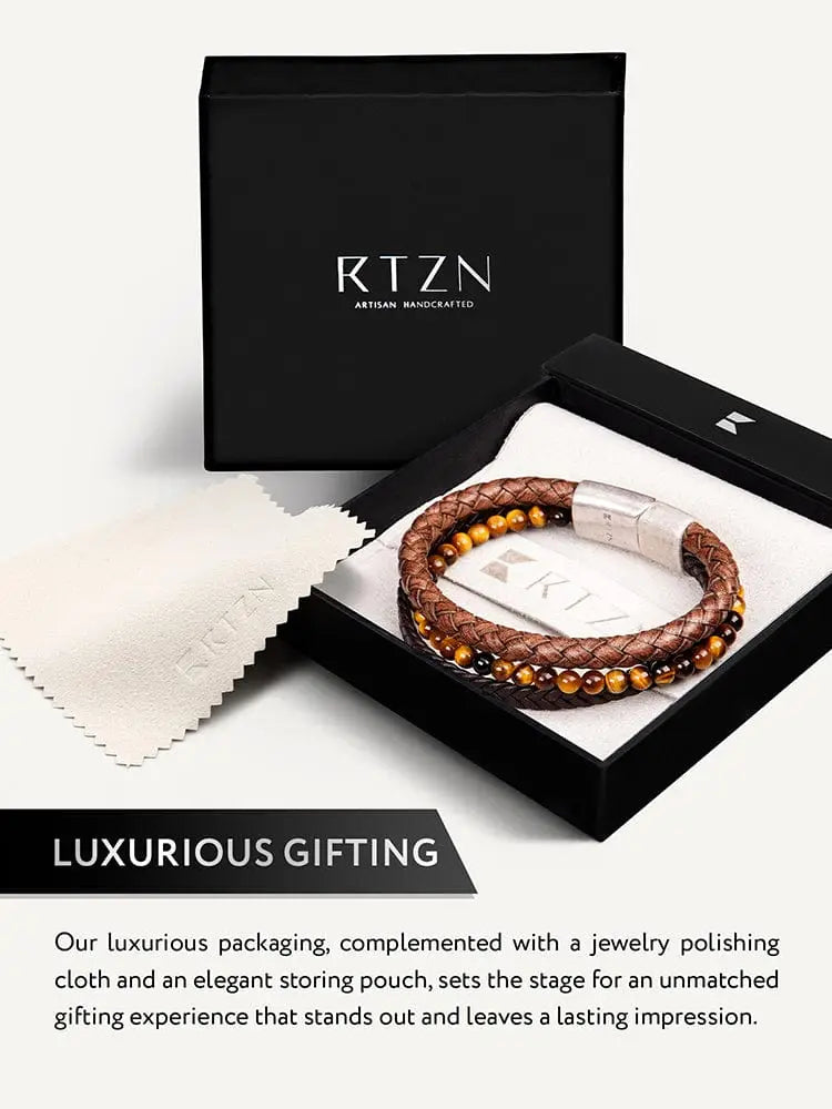 Stacked tiger eye and braided brown leather bracelet with tiger eye beads and silver magnetic clasp