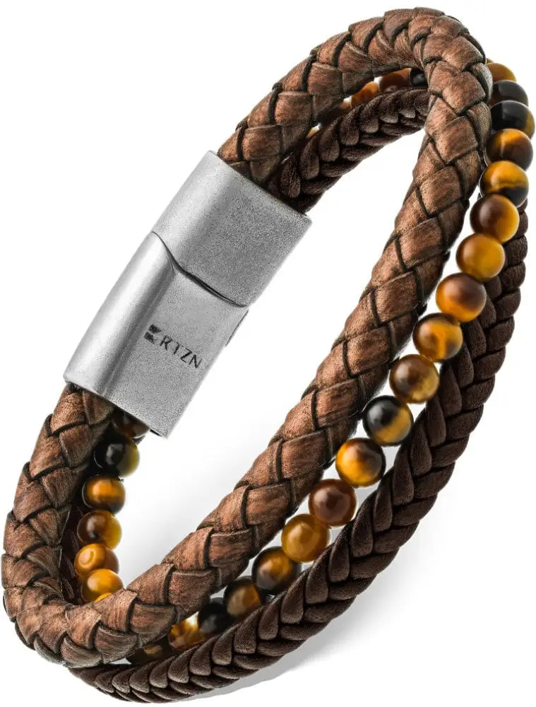 Stacked tiger eye and braided brown leather bracelet featuring tiger eye beads and a silver magnetic clasp