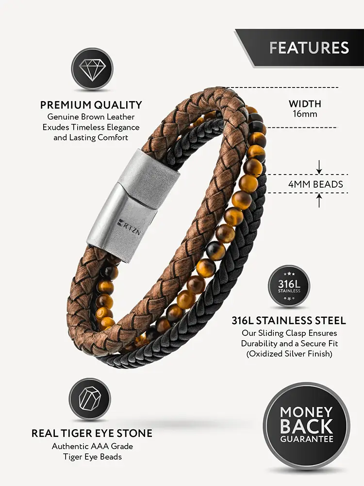 Stacked tiger eye and braided brown leather bracelet with black accents and 316l stainless steel clasp