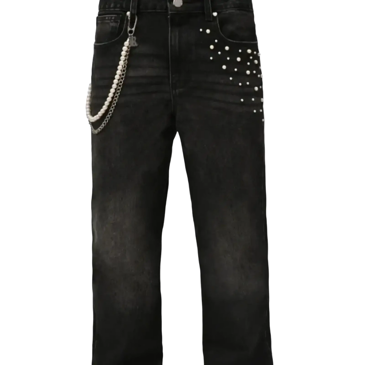 Black denim straight leg jeans with white pearl studded right pocket and matching pearl chain on waistband