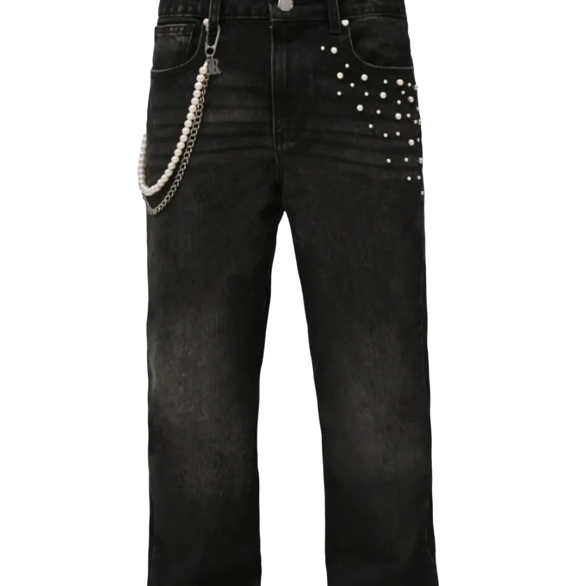 Black denim stacked pearl studded straight leg jeans with white pearl studs and matching pearl chain accessory