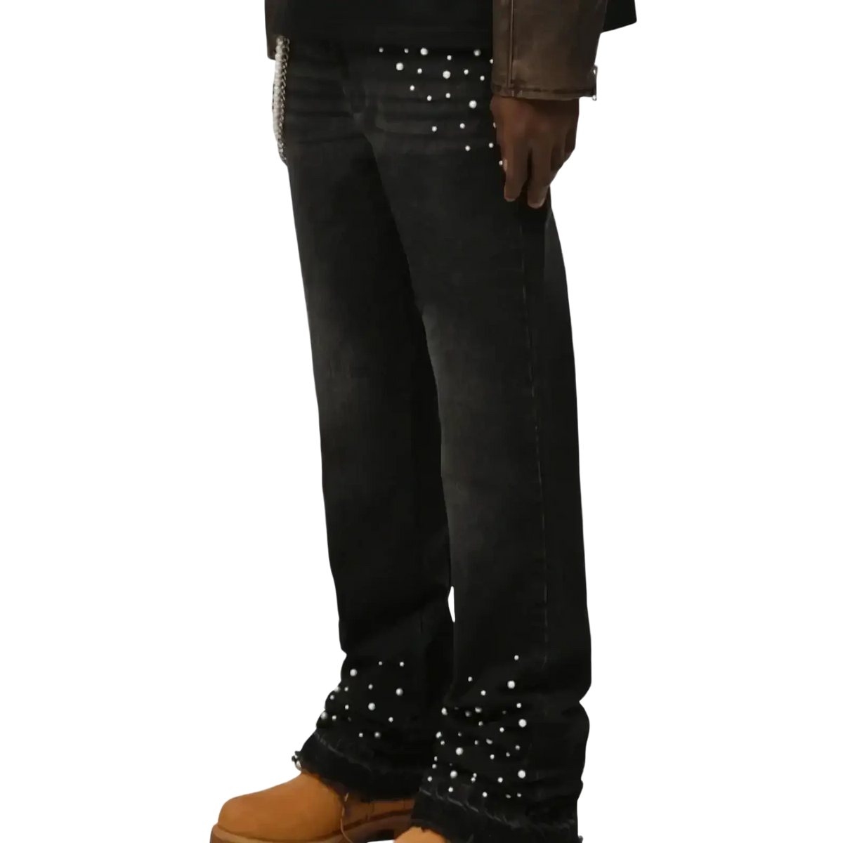 Black denim straight leg jeans with white pearl studded waistband and cuffs in a stacked pearl studded design