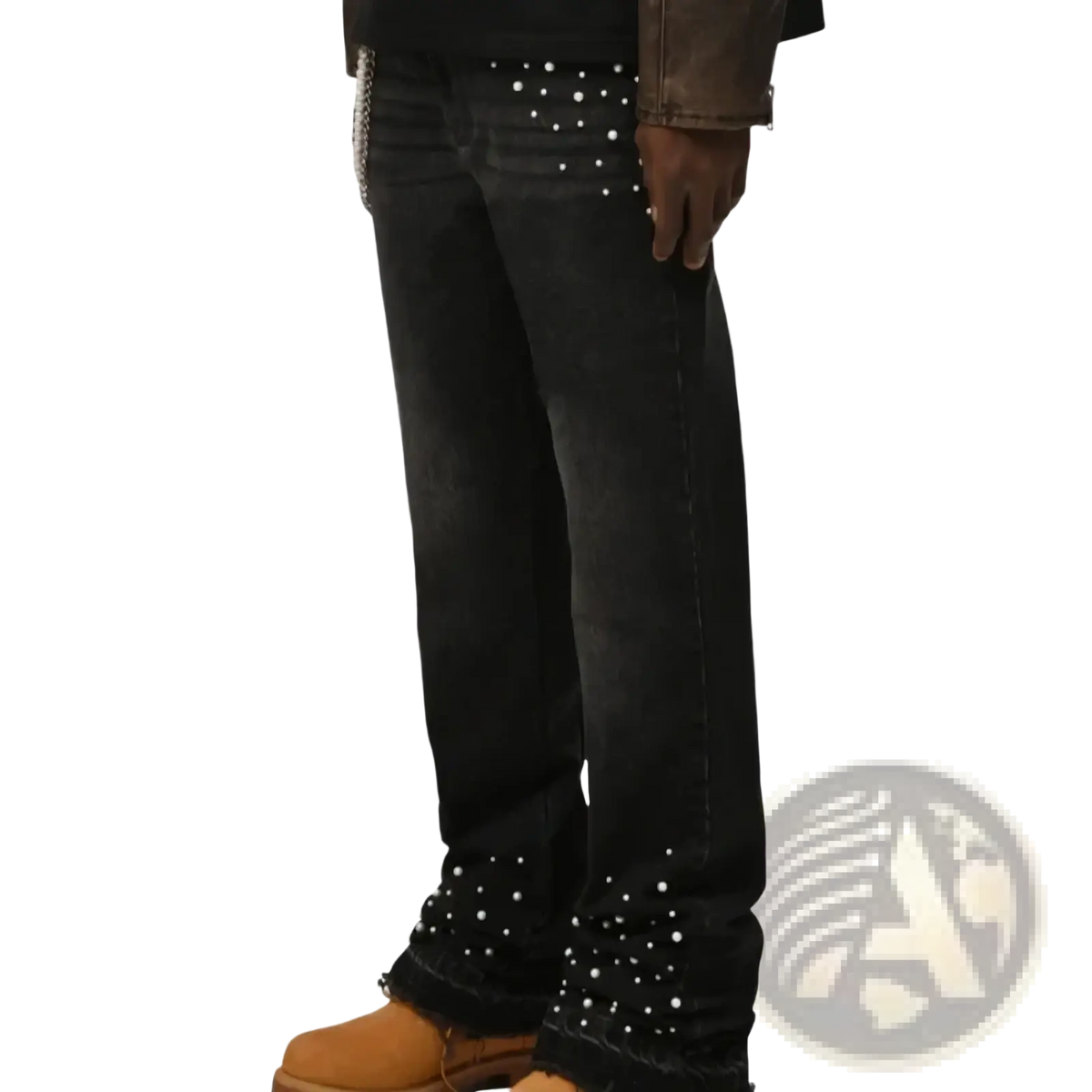 Back side of black denim stacked pearl studded straight leg jeans with white studs on pockets and cuffs