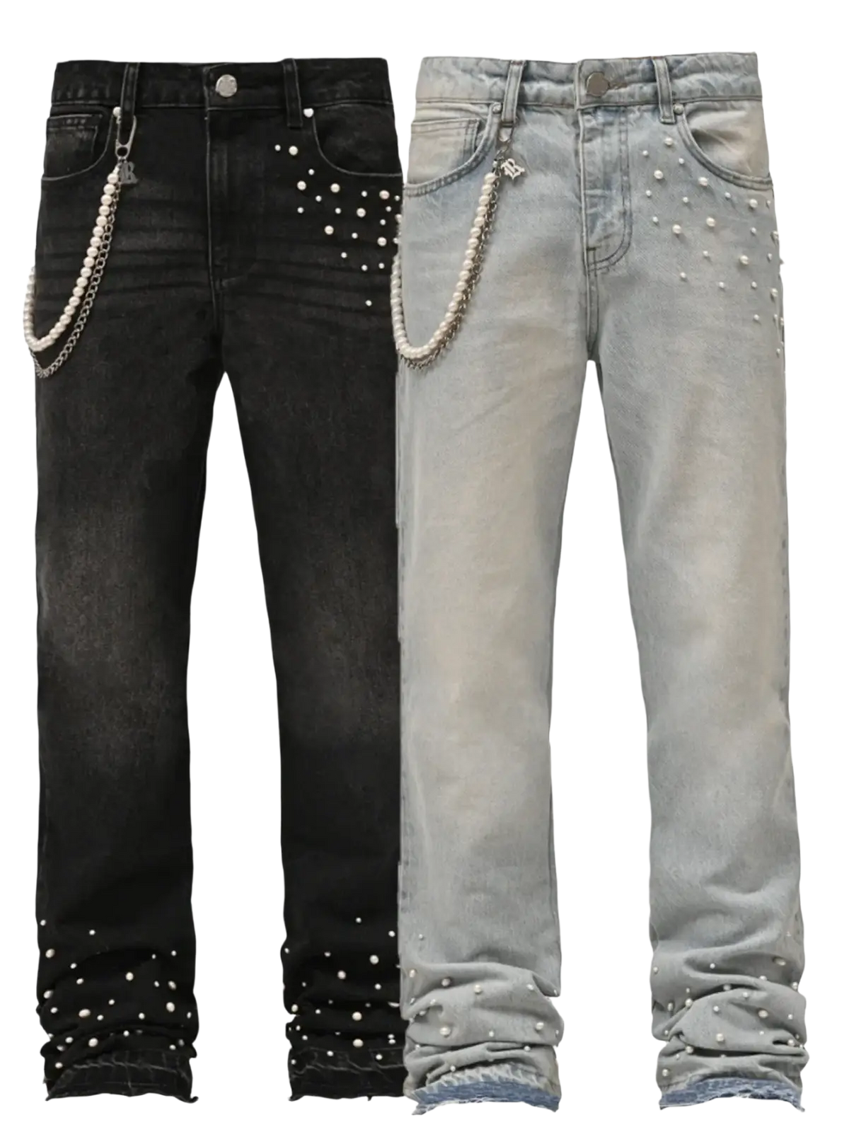 Stacked pearl studded straight leg jeans in black and light gray denim with white pearl studs and a chain accessory