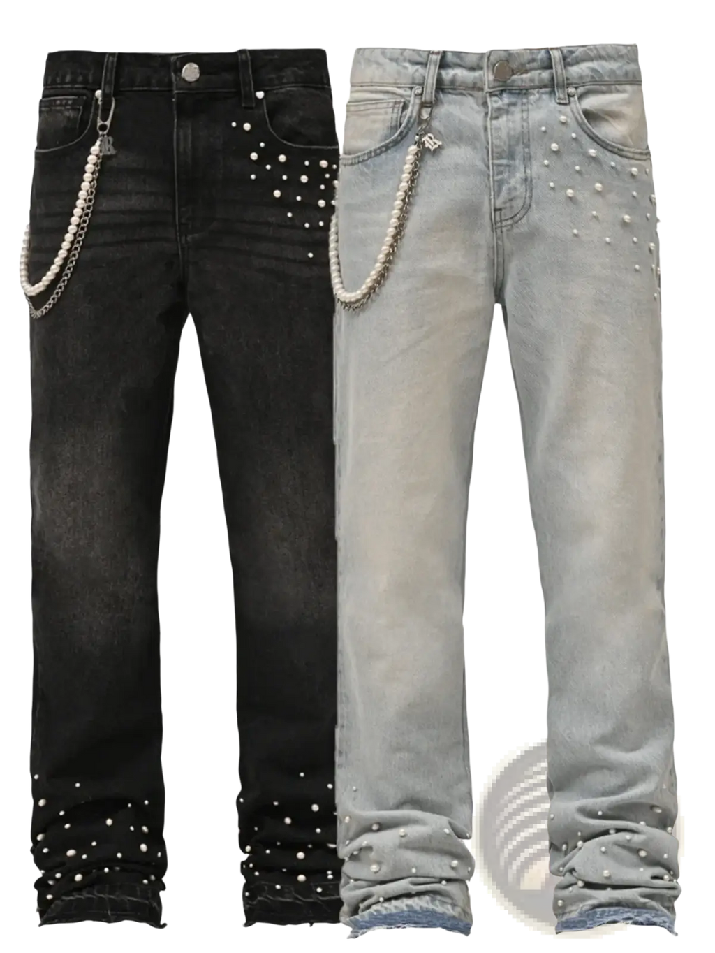 Stacked pearl studded straight leg jeans in black and light gray denim with white pearl studs and a chain accessory