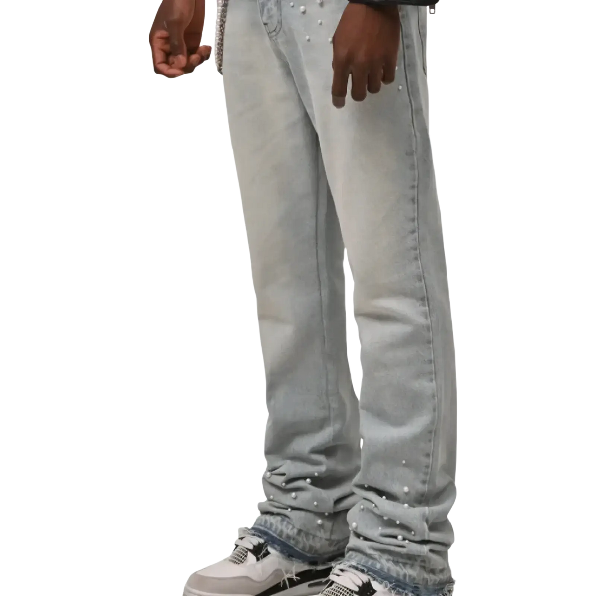 Light gray denim stacked pearl studded straight leg jeans with scattered white pearl studs along legs and cuffs