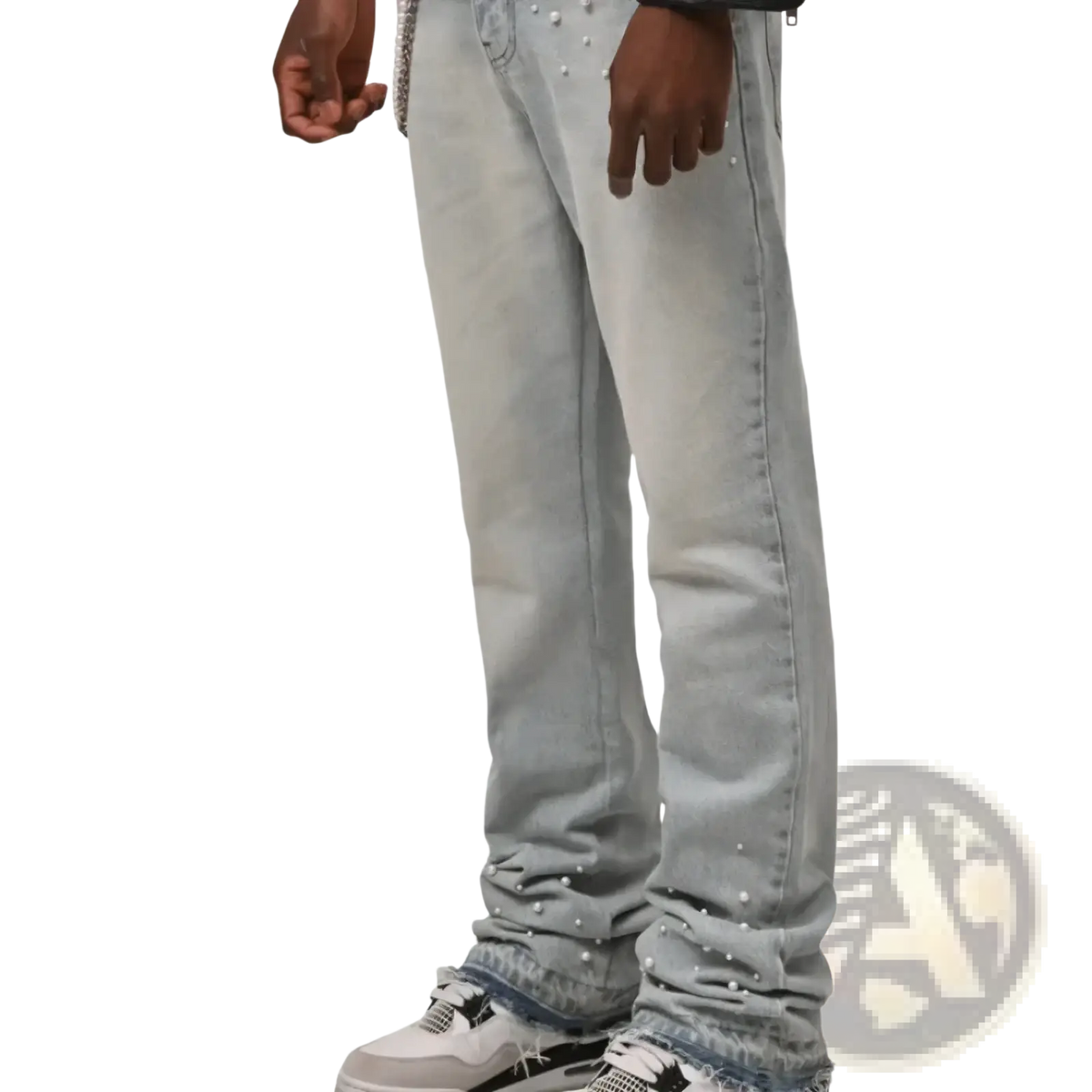Light gray denim stacked pearl studded straight leg jeans with scattered white pearl studs along legs and cuffs