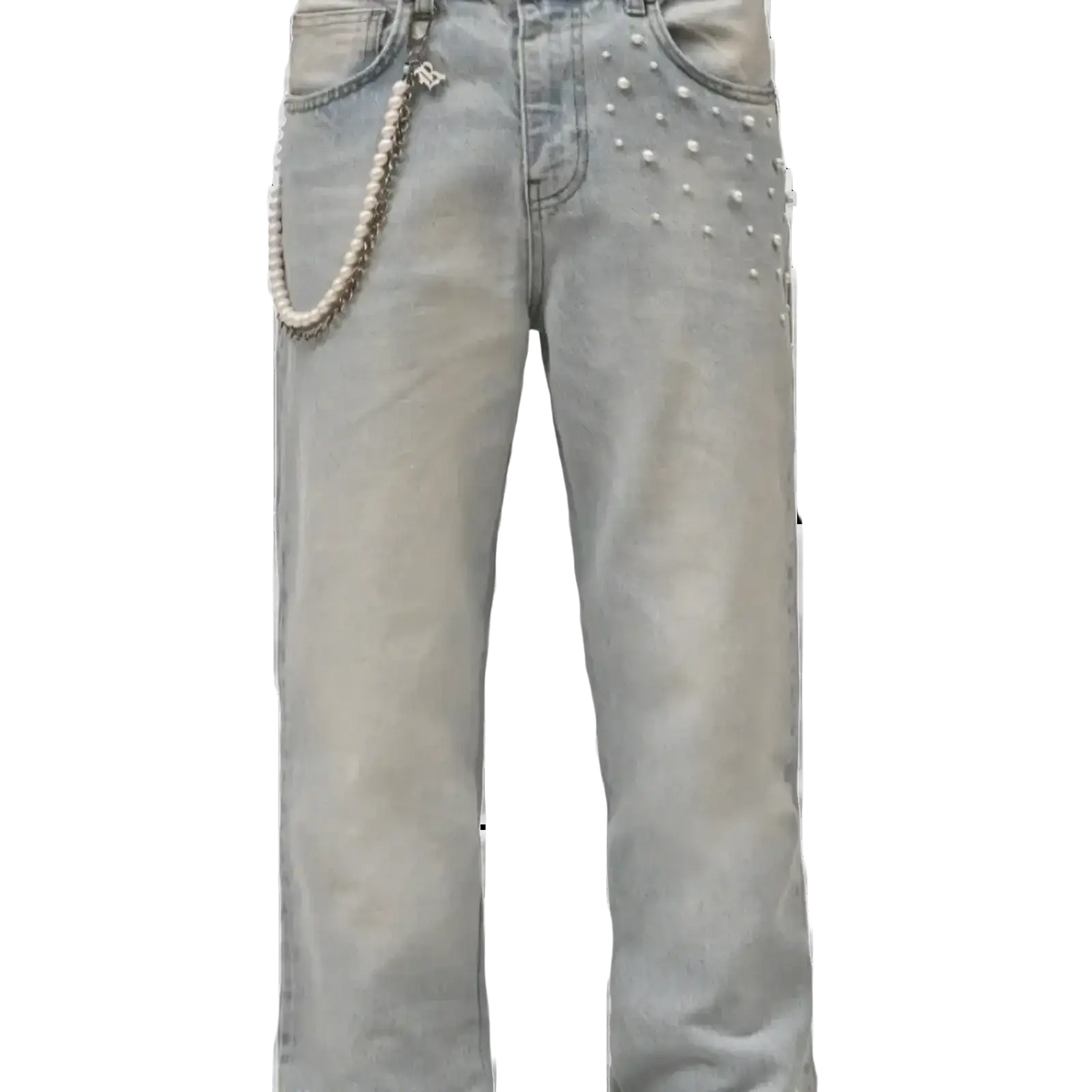 Light-wash straight leg jeans with white pearl studded details and matching pearl chain hanging from belt loop
