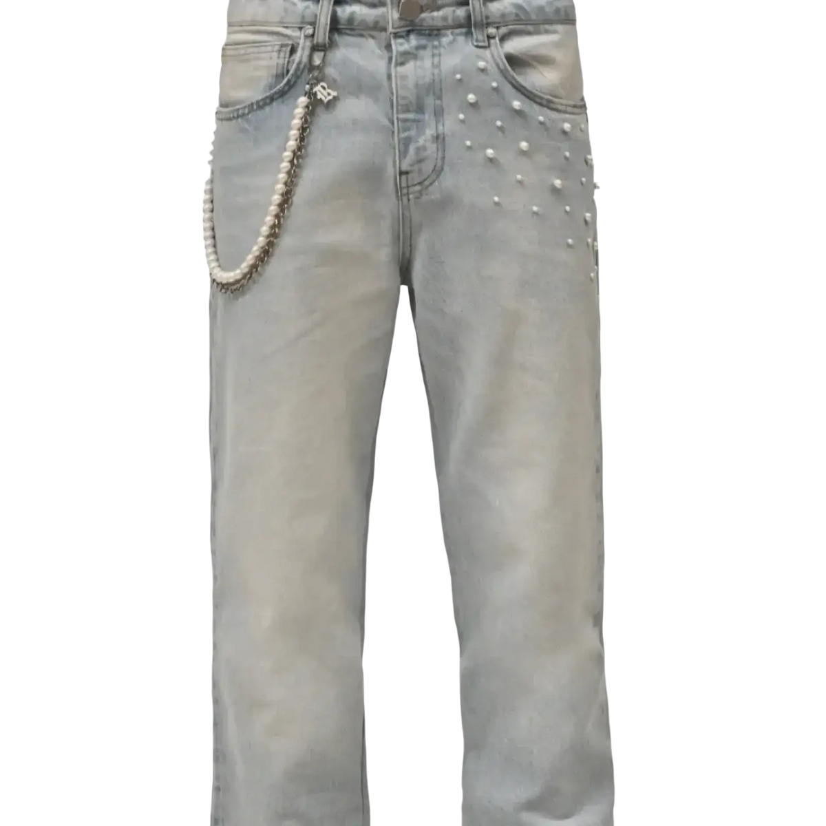 Light-wash straight leg jeans with pearl studded details and decorative chain strap featuring a metallic charm