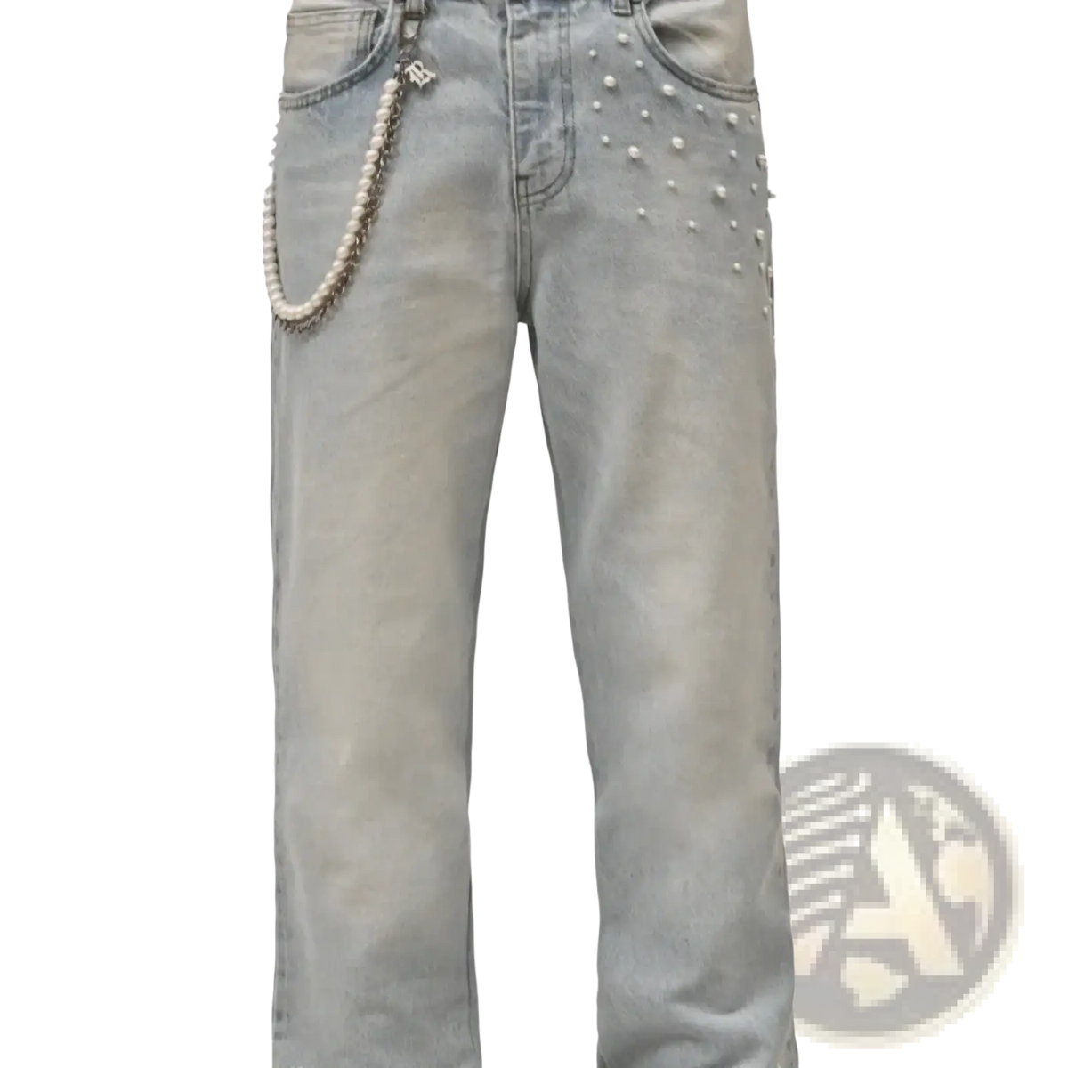 Light-wash denim stacked pearl studded straight leg jeans with matching pearl chain hanging from belt loop