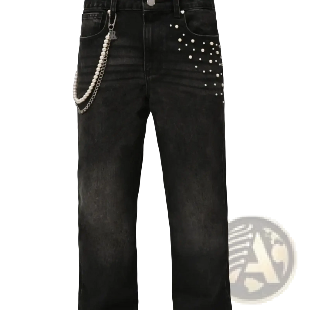 Black denim stacked pearl studded straight leg jeans with white pearl studs and matching pearl chain accessory