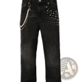 Black denim stacked pearl studded straight leg jeans with white pearl studs and matching pearl chain accessory