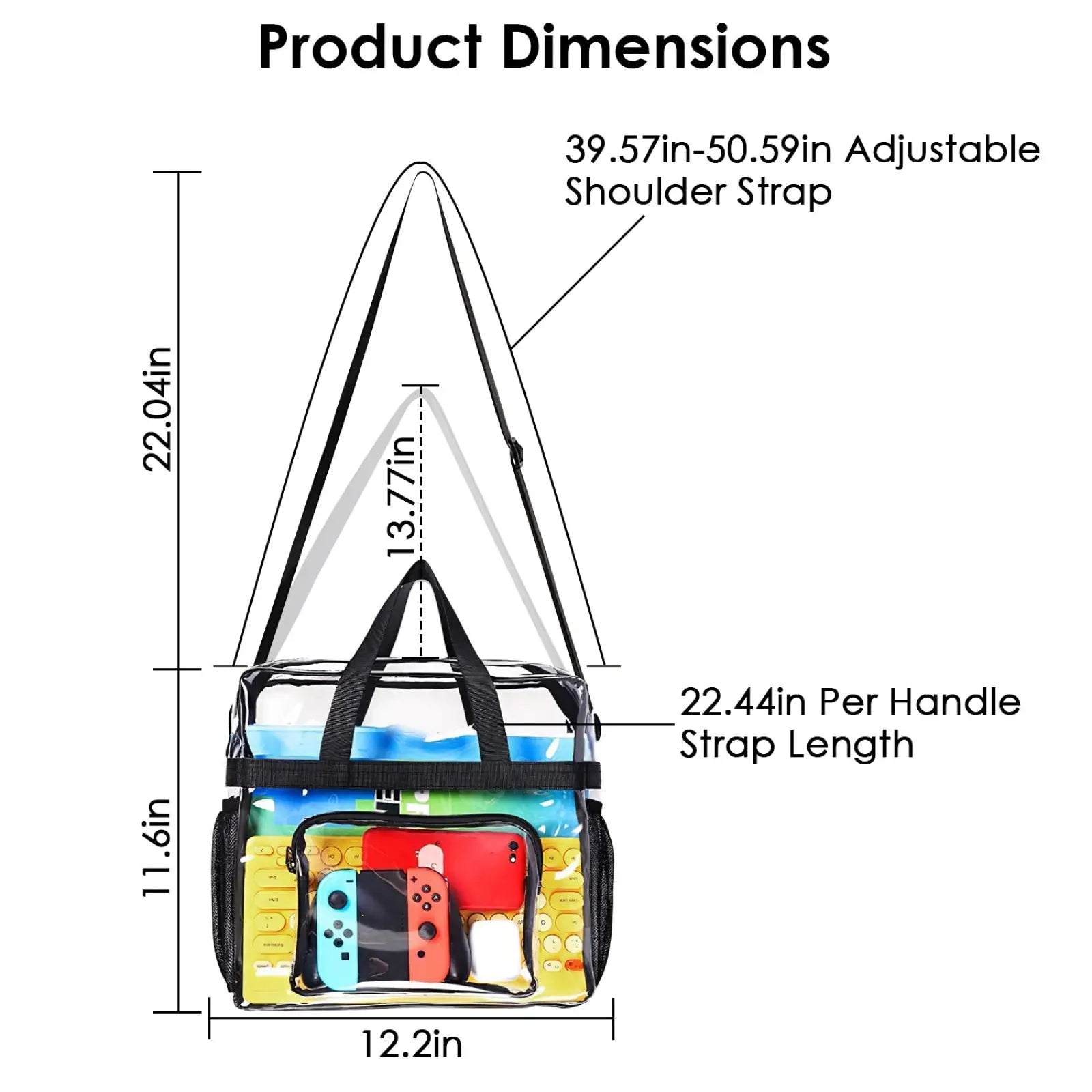 Stadium approved clear crossbody bag with black fabric handles and front pocket holding colorful gaming controllers