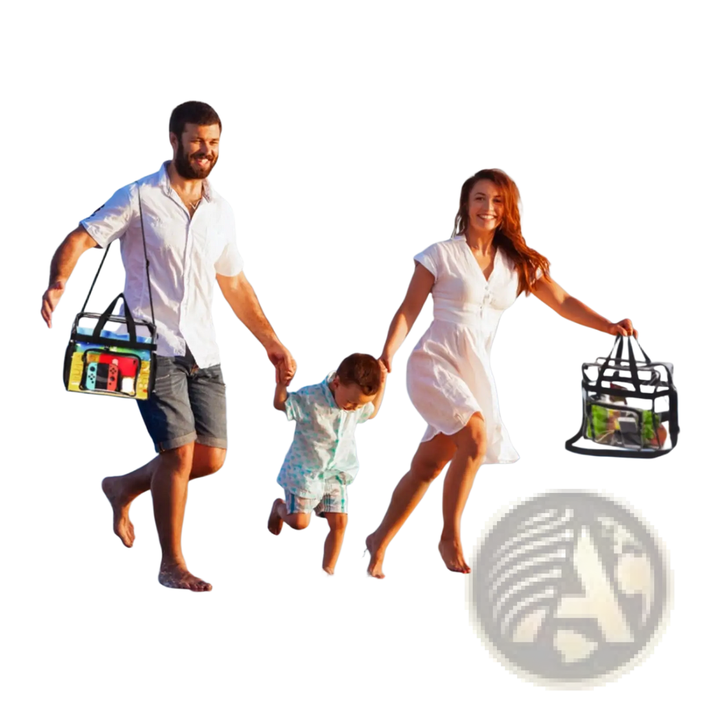 The man carries a colorful transparent Nintendo Switch stadium approved clear crossbody bag with black straps and mesh pockets