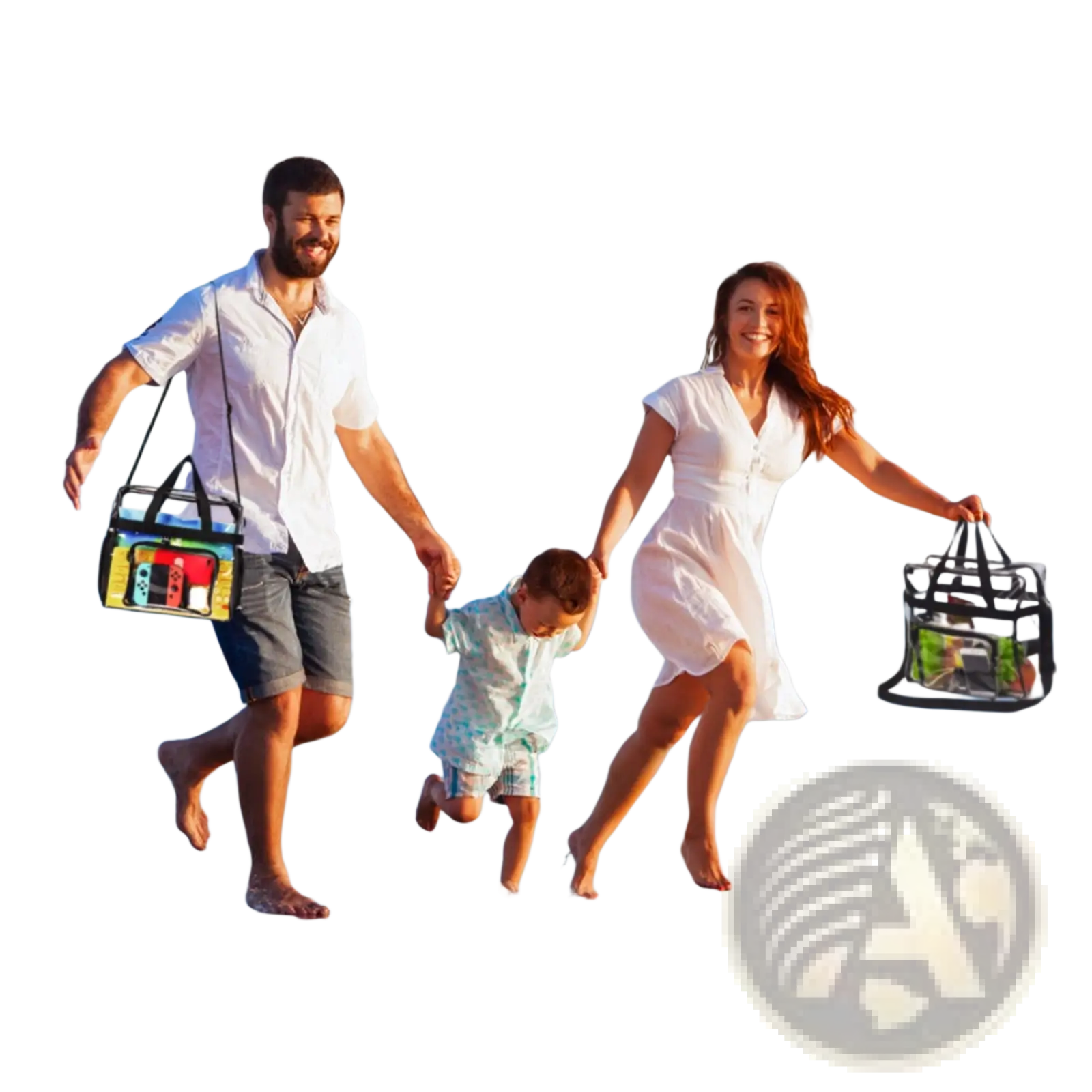 The man carries a colorful transparent Nintendo Switch stadium approved clear crossbody bag with black straps and mesh pockets