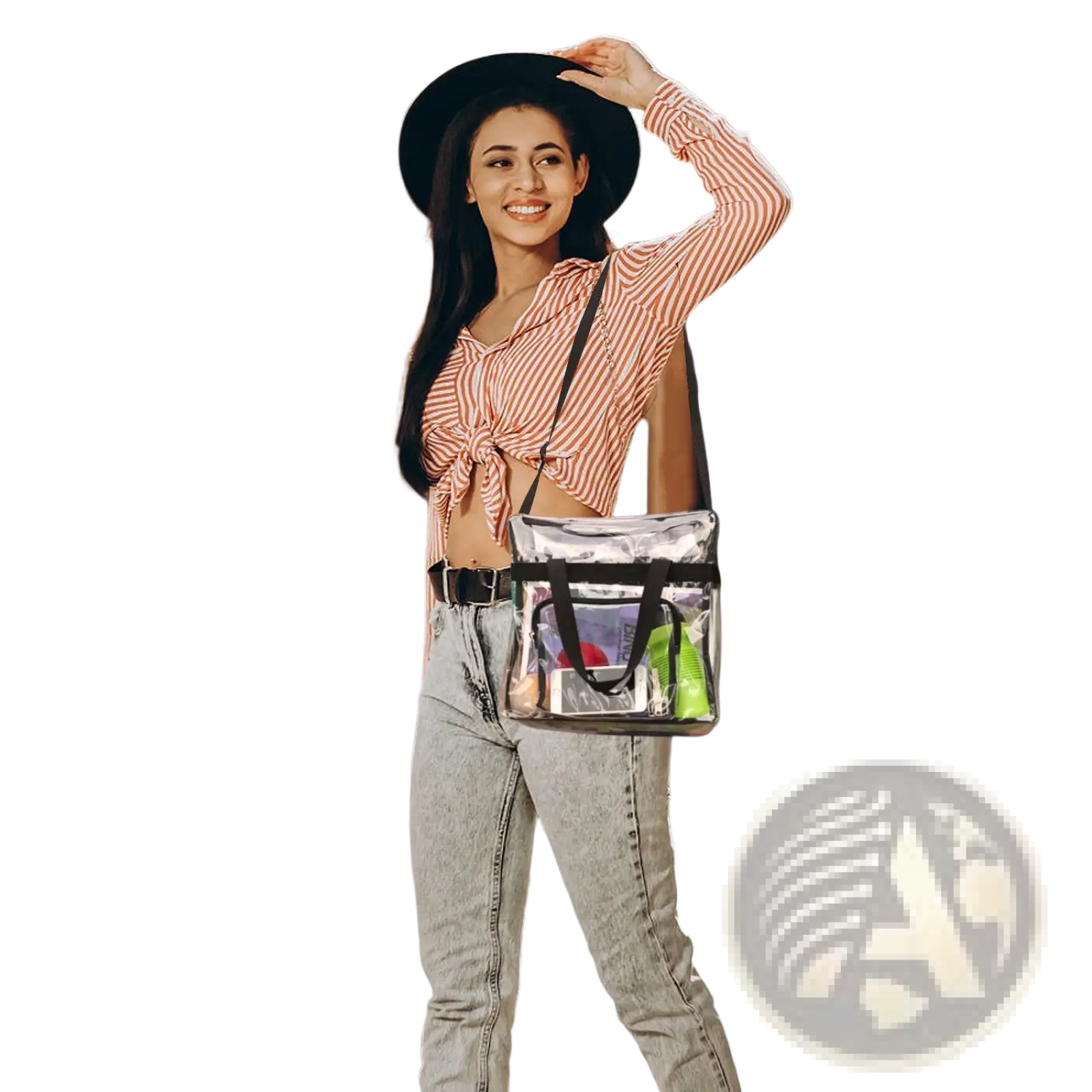 Stadium approved clear plastic crossbody bag with black straps and mesh pockets for secure event use