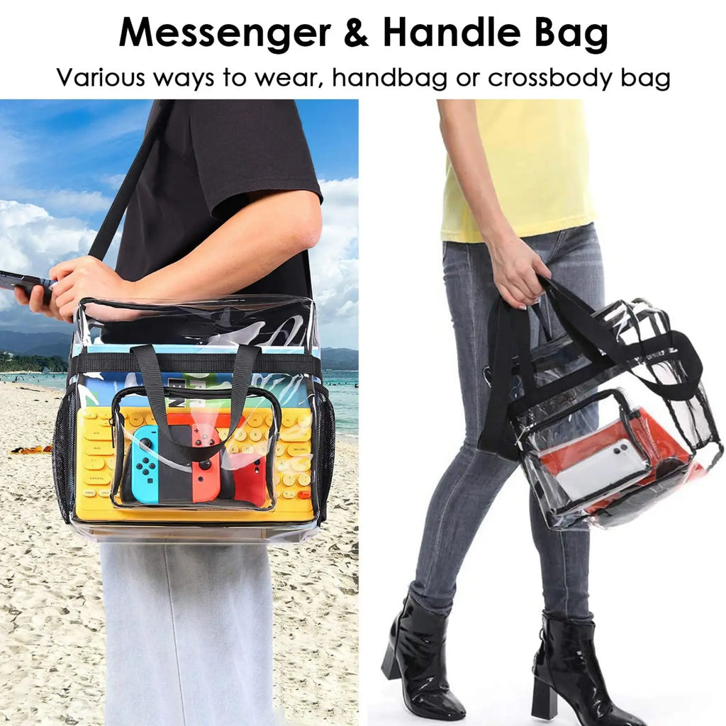 Stadium approved clear crossbody bag with black straps and transparent front pockets for gaming controllers and phones