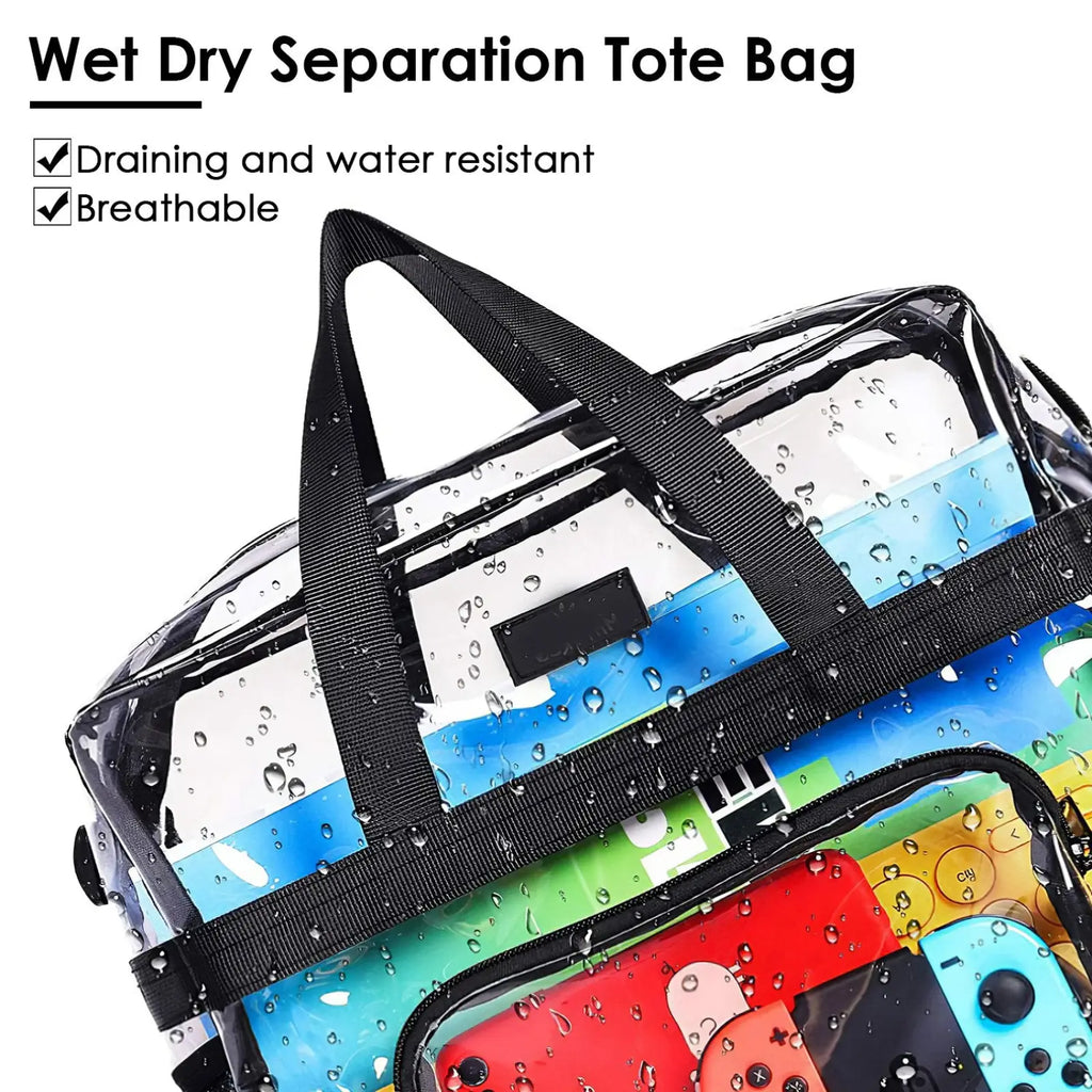 Stadium approved clear crossbody bag with mesh pockets featuring a clear wet dry separation tote with black handles and zipper