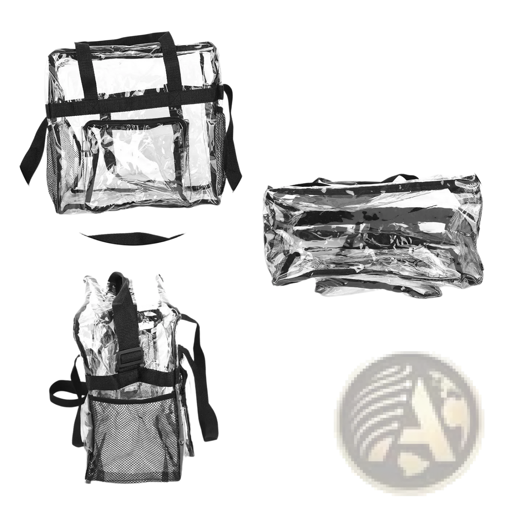 Clear plastic stadium approved crossbody bag with black mesh panels and adjustable shoulder straps