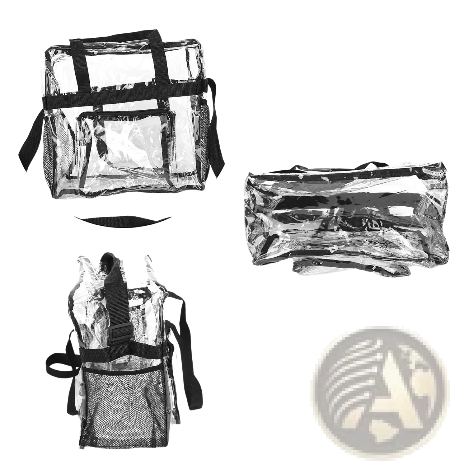 Clear plastic stadium approved crossbody bag with black mesh panels and adjustable shoulder straps