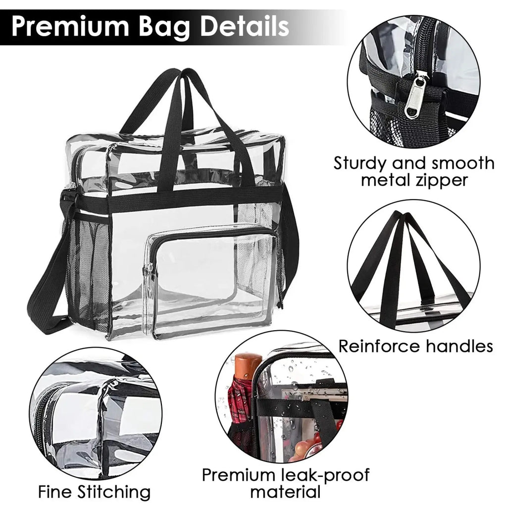 Stadium approved clear crossbody bag with black mesh sides, reinforced handles, and sturdy metal zipper closure