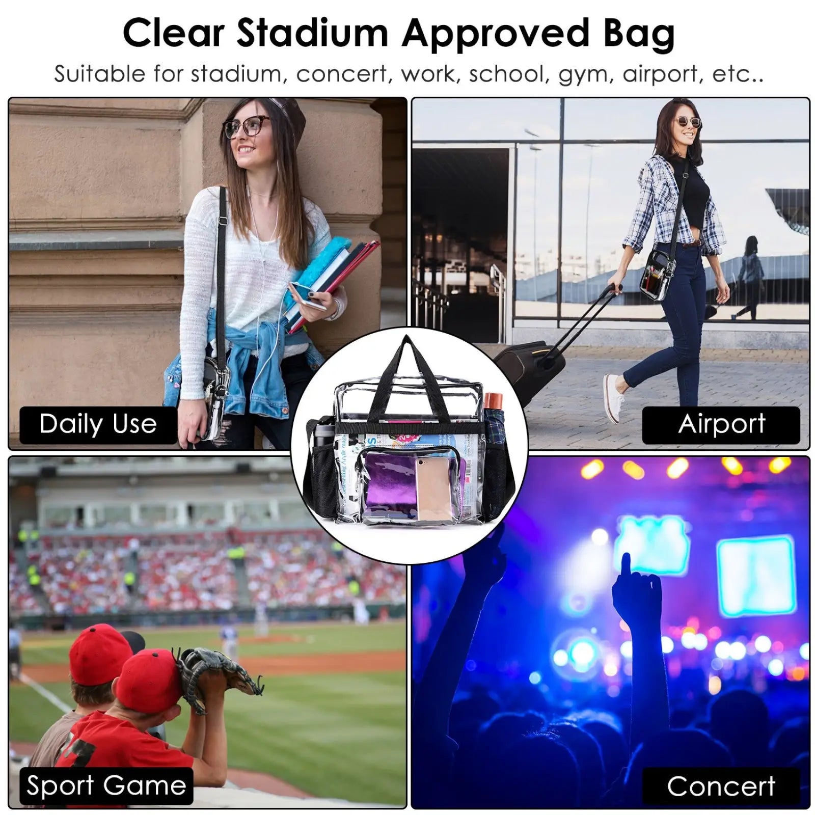 Stadium approved clear crossbody bag with transparent front panel black straps and mesh side pockets