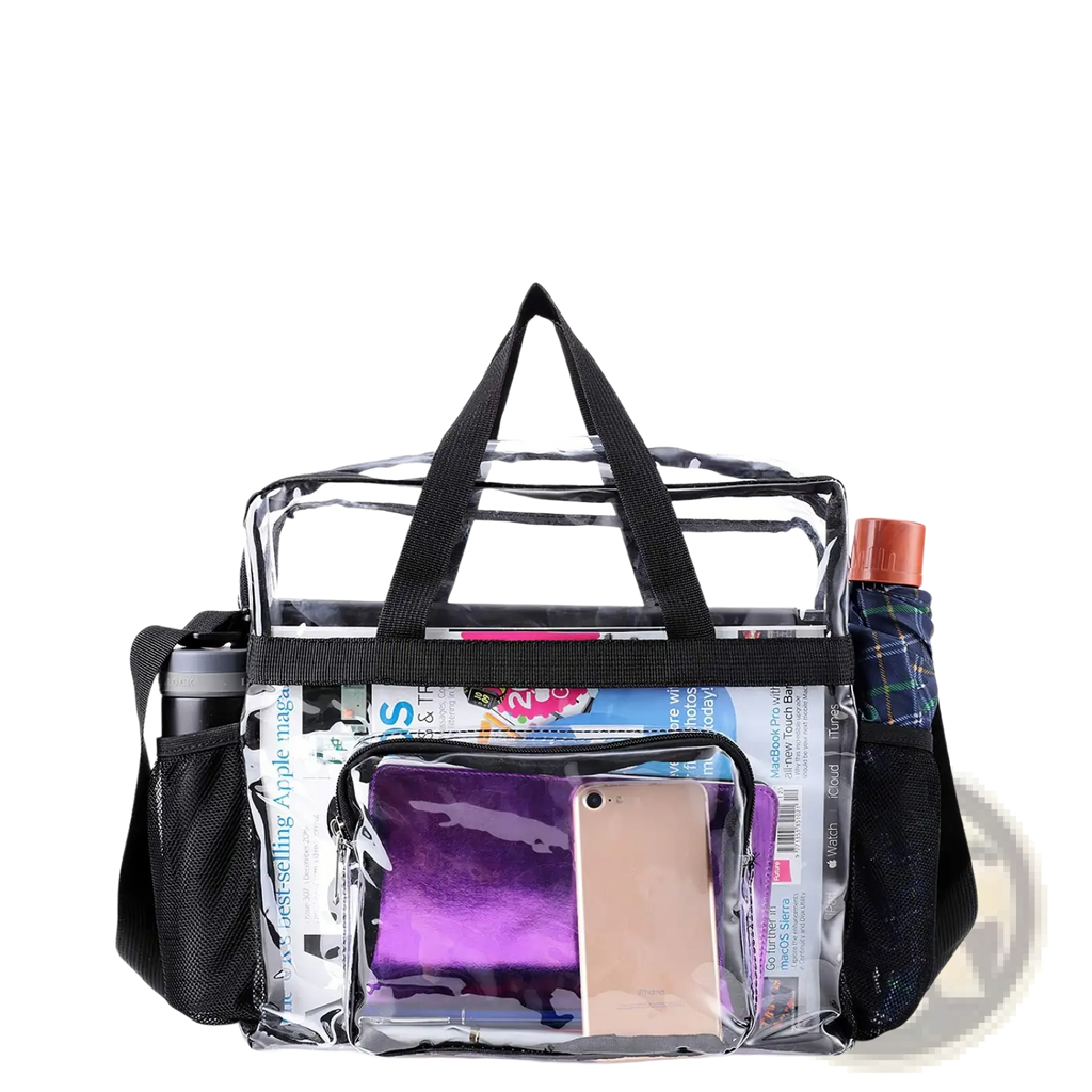 Stadium approved clear crossbody bag made of clear pvc with black handles and mesh side pockets showing items inside