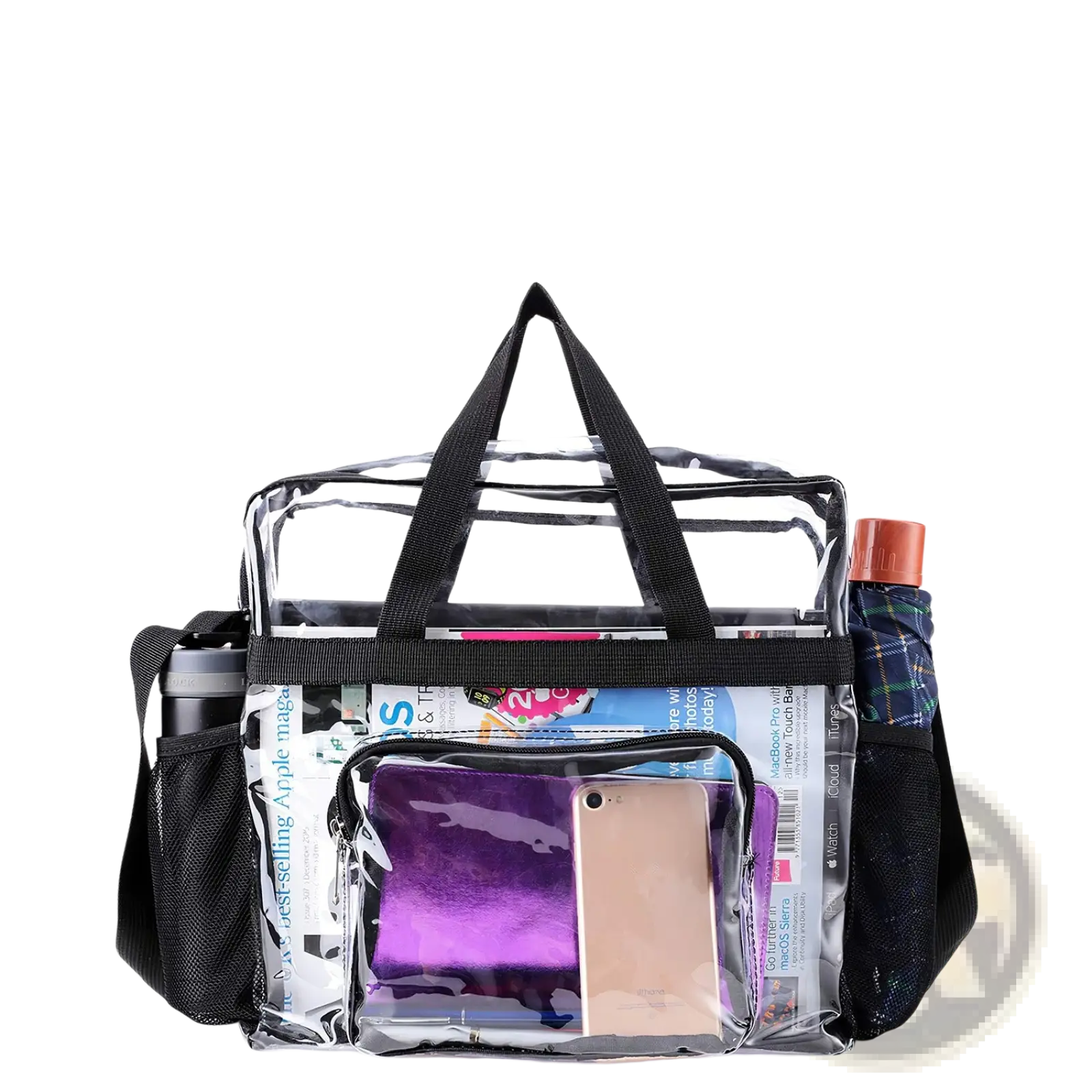 Stadium approved clear crossbody bag made of clear pvc with black handles and mesh side pockets showing items inside