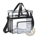 Clear plastic tote bag with black fabric handles and mesh side pockets designed as a stadium approved crossbody bag