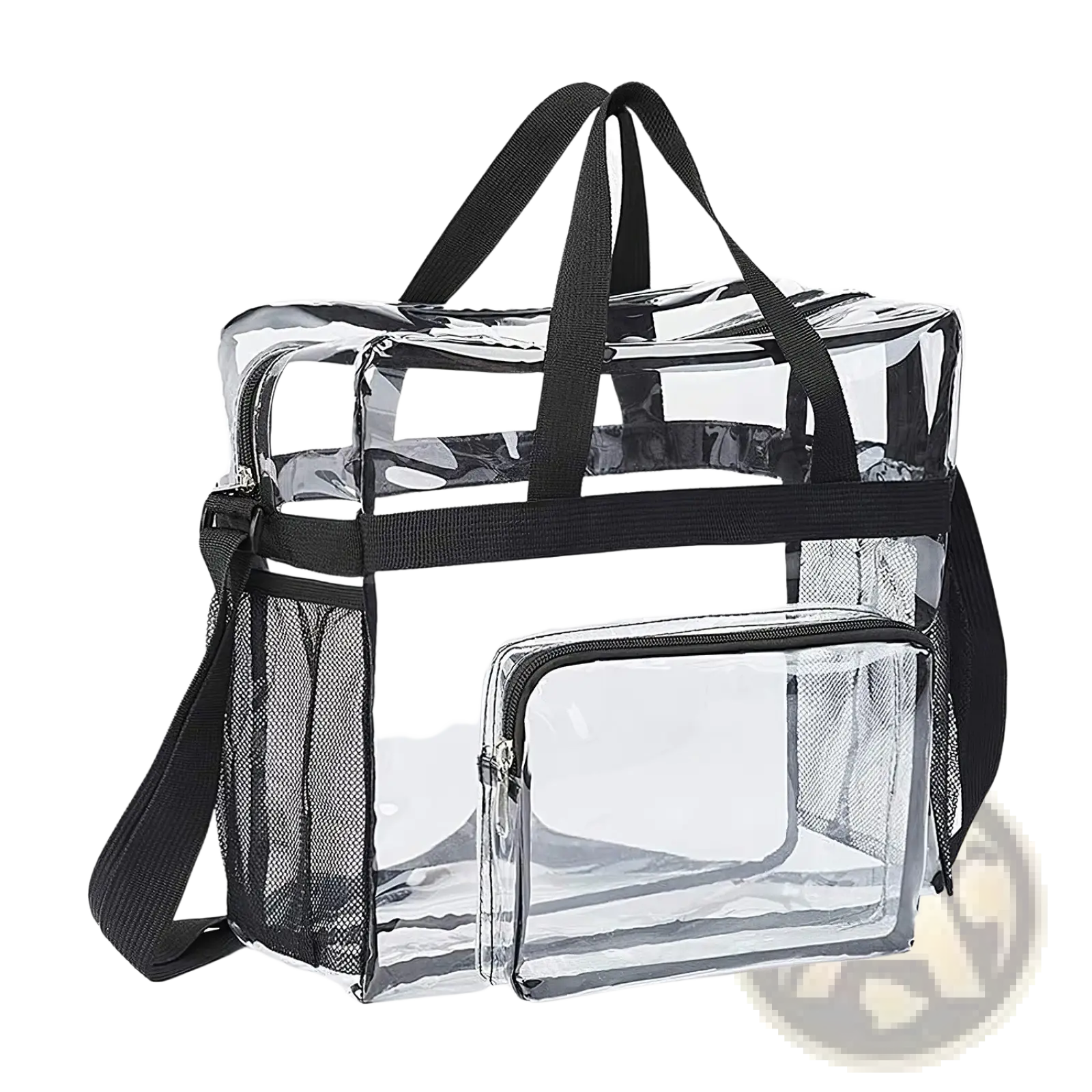 Clear plastic tote bag with black fabric handles and mesh side pockets designed as a stadium approved crossbody bag