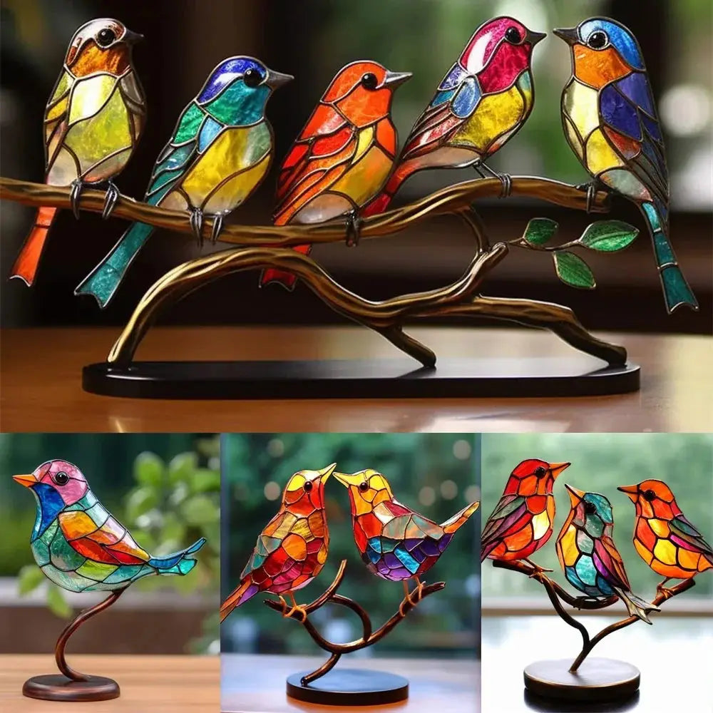 Vibrant stained glass bird figurines with multicolored panels perched on a bronze branch for home decor