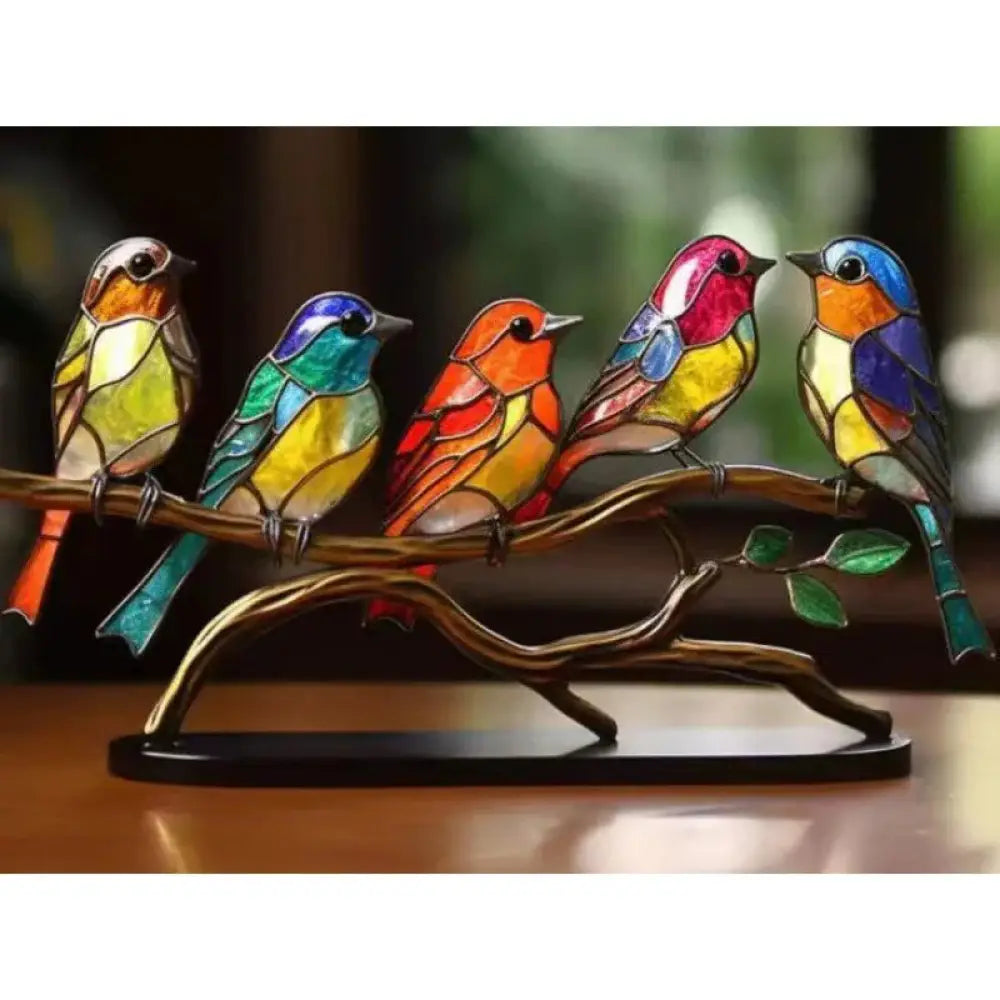 Vibrant stained glass birds figurine with intricate color patterns on a bronze branch for home decor