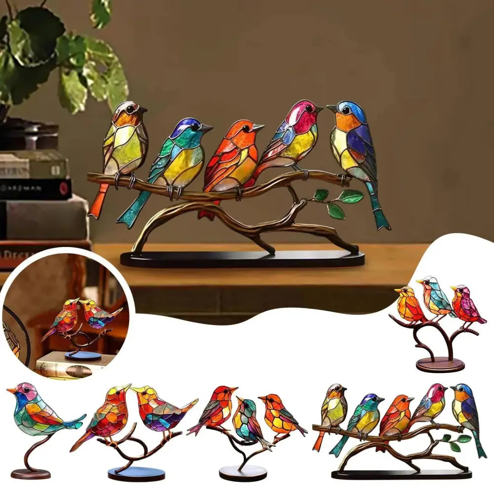 Vibrant stained glass birds figurine featuring colorful mosaic panels with metallic frames perched on a branching branch